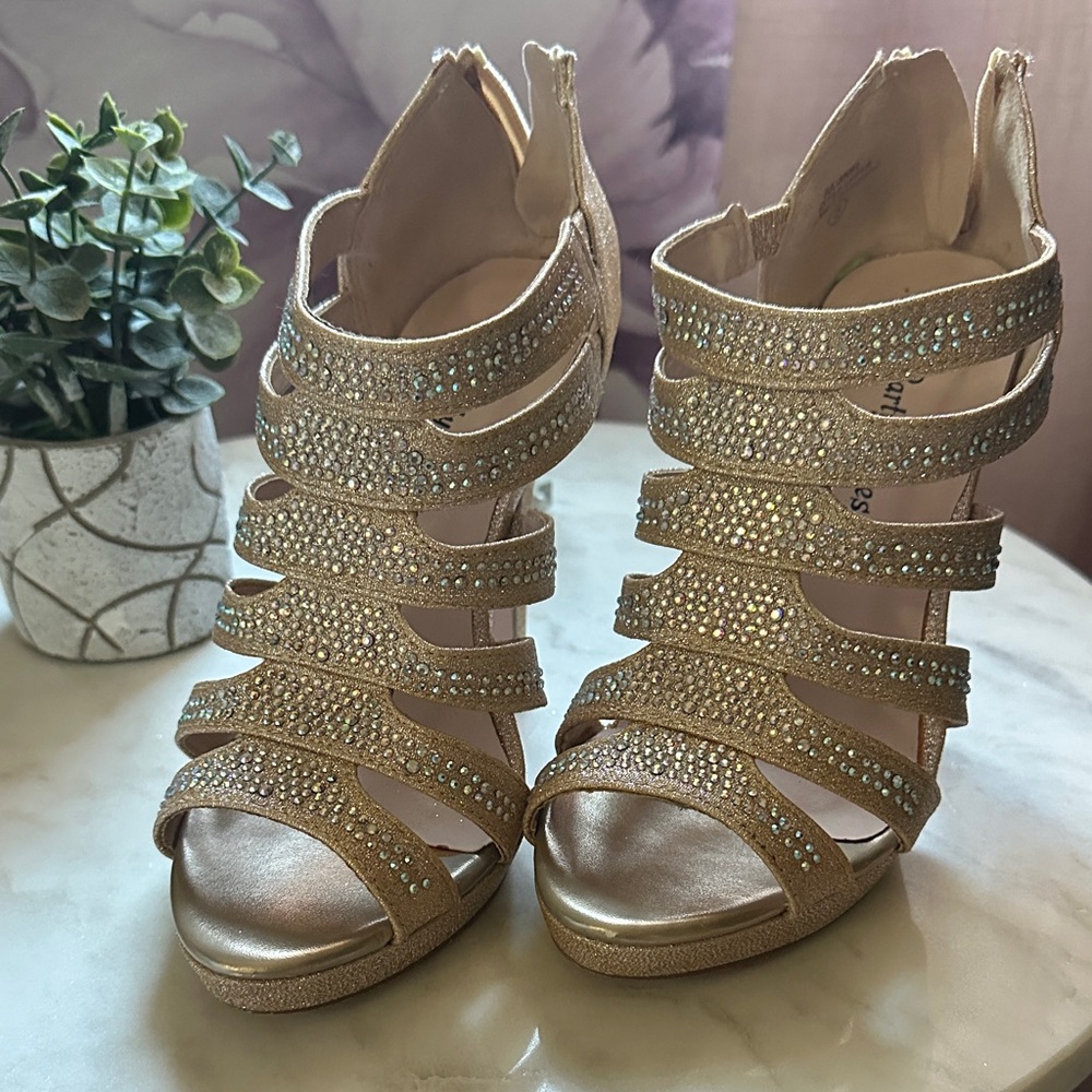Elegant Gold Rhinestone Strappy Heels